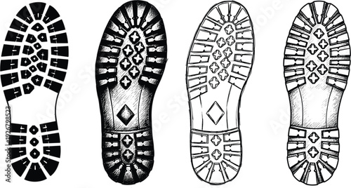 Boot Sole Footprint and Shoe Tread Texture Vector Set for Forensic Investigation Outdoor Adventure and Rugged Footwear Design Projects
