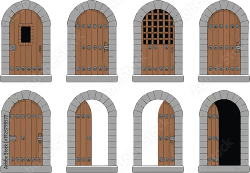 Ancient Fortress Gate  Dungeon Entrance and Castle Door Vector Set