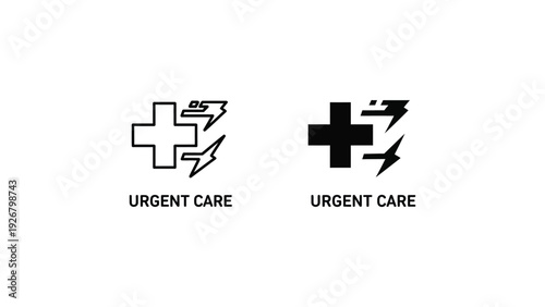 Urgent Care Icons in Minimalist Design with Simple Cross Symbol and Lightning Bolt in Black and White for Medical Logo