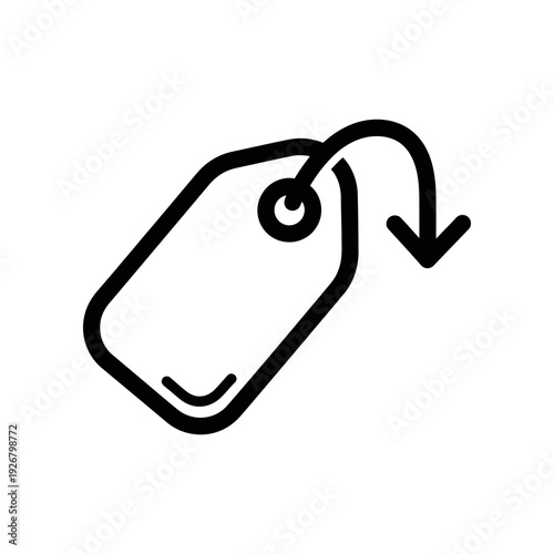 A minimalist black price tag with a downward arrow on a white background, perfect for sales and discount visuals.