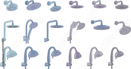 Shower Head Vector Set Featuring Modern Bathroom Fixtures with Wall Mounted and Handheld Designs for Plumbing, Interior, and Home Improvement Projects