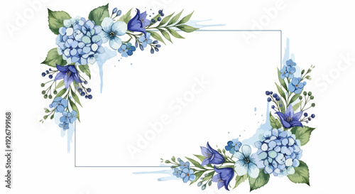 Watercolor blue floral frame with hydrangeas and bellflowers. Hand-painted botanical border with green leaves and subtle paint splatters.