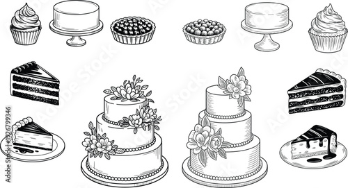 Elegant Hand Drawn Cake and Dessert Vector Set Featuring Tiered Floral Wedding Cakes Cupcakes and Sweet Pastry Slices for Bakery Design