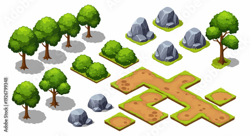 Isometric game environment assets collection. Includes trees, bushes, rocks, and dirt paths. Created in cartoon style with green and brown palette.