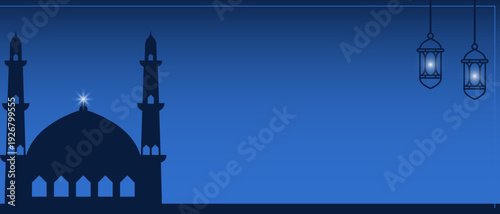  Islamic banner design with mosque silhouette and glowing lanterns, copy space, on blue background.