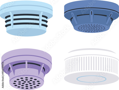 Smoke Detector and Fire Alarm Sensor Icon Set Featuring Ceiling Mounted Safety Devices for Home Security, Building Protection, and Vector Design