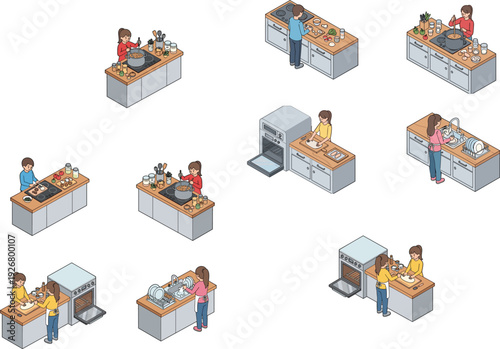 Isometric vector collection of people cooking and baking in modern kitchens using stoves ovens and sinks for culinary design