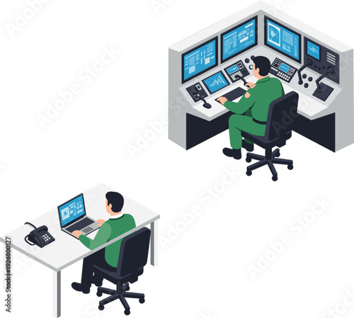 Isometric vector illustration of security operators monitoring high tech surveillance systems and data centers in a modern control room