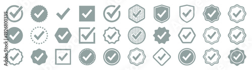 Comprehensive collection of grey checkmark icons tick mark symbols positive approval signs premium quality badges and secure guarantee shields isolated on white background