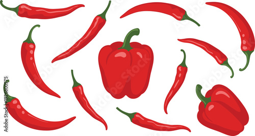 Red chili pepper and bell pepper illustration set vector isolated on white background spicy vegetable food design elements collection