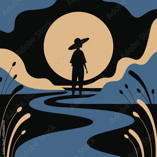 A solitary figure stands silhouetted against a large luminous moon over a tranquil landscape high quality