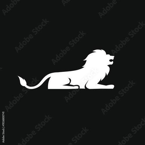 White Lion Silhouette Lying Down with Open Mouth on Black Background - Minimalist Vector Logo Icon
