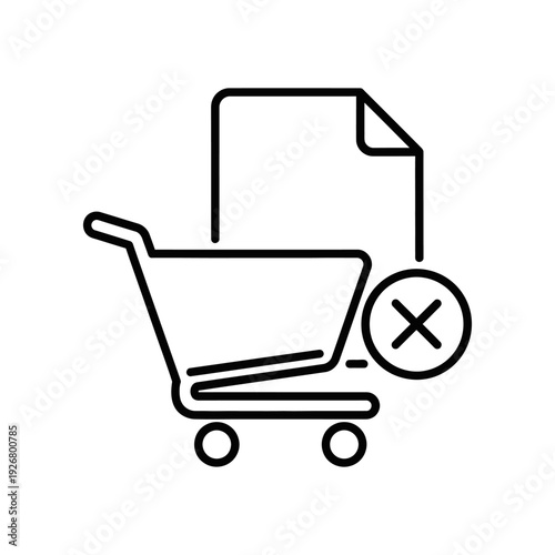Minimalist illustration of a shopping cart with a document and a cancel icon, symbolizing order cancellation or refund, in simple black lines on a white background.