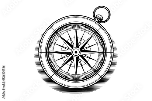 Vintage nautical compass engraving illustration black and white line art	

