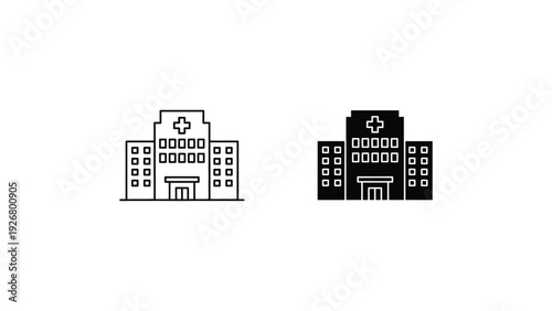 Hospital Building Icon in Simple Line Art and Solid Fill Style with White and Black Color Scheme for Medical Website