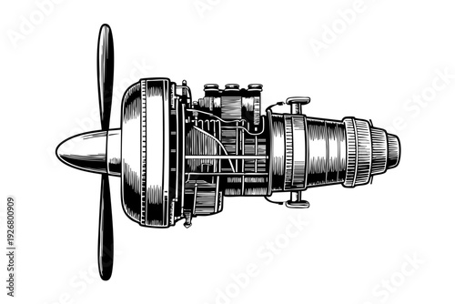 Vintage Airplane Engine with Propeller Engraving Illustration