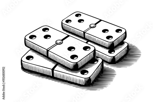 Vintage Domino Tiles Stacked Game Pieces Engraving Illustration black and white line art