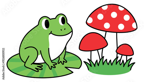 Hand drawn line art nature elements set featuring a happy frog on a lily pad and red mushrooms on grass for kids design