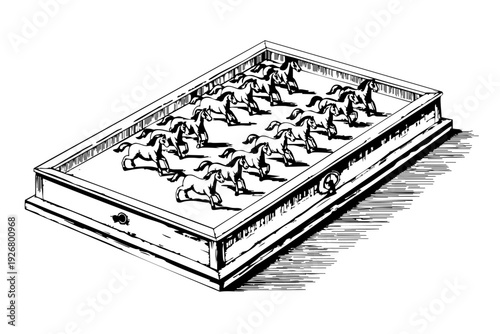 Vintage Tabletop Horse Racing Game Box Engraving Illustration