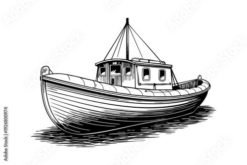Vintage Life boat engraving illustration black and white line art	

