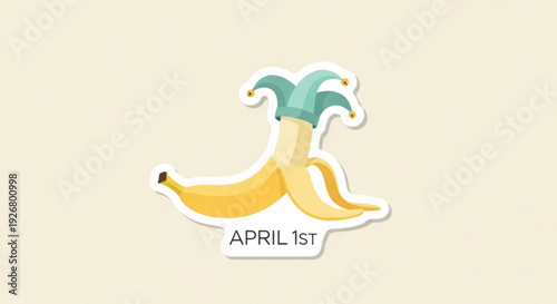 Bananas in jester's hat on april 1st playful april fools' day sticker or icon with yellow fruit and green hat on cream background