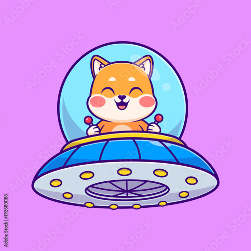Cute Shiba Inu Dog Driving Ufo Spaceship Cartoon
