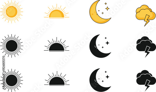 Weather icons vector set featuring sun moon sunrise sunset and thunderstorm symbols in color and black silhouette styles isolated on white background