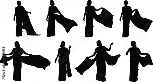 Woman dress fabric movement silhouette poses collection isolated on white background elegant fashion flowing gown vector illustration set