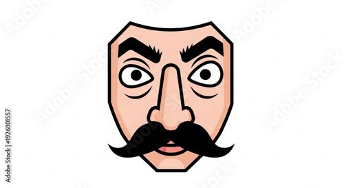 Cartoon face with mustache and eyebrows looking surprised or shocked on white background