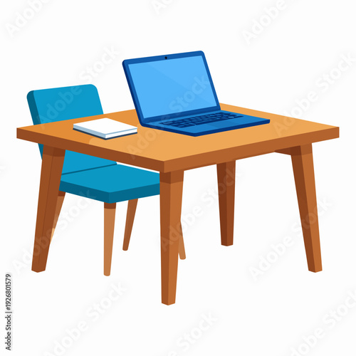 Viewing a minimalist workspace illustration featuring a wooden desk, blue laptop, white notepad, and blue chair from a frontal perspective in a clean white environment