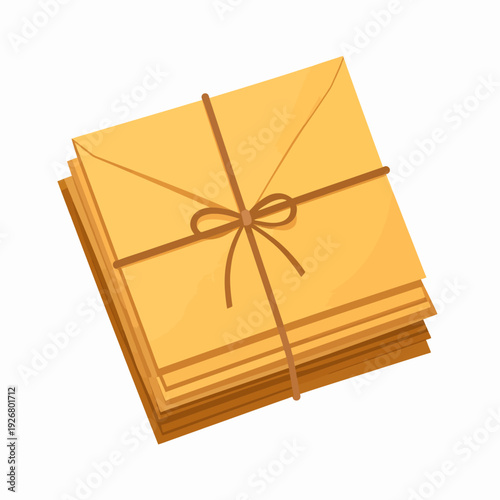 Organized office desk scene showing a neatly tied stack of yellow envelopes bound with a brown ribbon, captured from a slight top angle, flat illustration of stationery arrangement