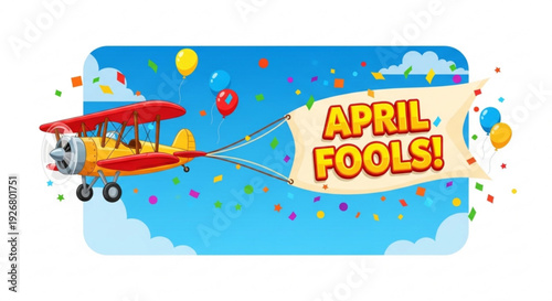 Colorful cartoon airplane pulling april fools banner with confetti and balloons in sky
