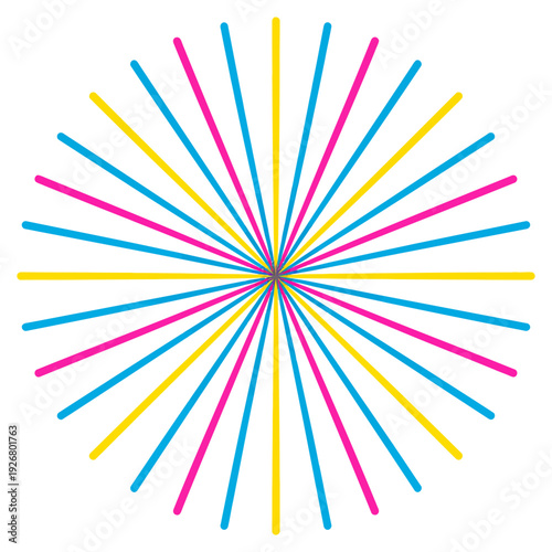 Dynamic starburst illustration from a centered viewpoint, showcasing vibrant blue pink and yellow lines in perfect symmetry, delivering energetic visual impact in a clean environment