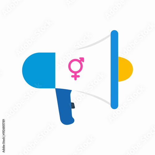 Flat illustration of a white megaphone with blue handle, featuring a central pink combined male‑female gender symbol, presented from a frontal viewpoint for graphic design use