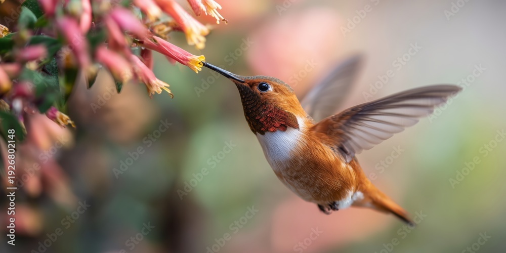 Obraz premium Hummingbird feeding on flowers in a garden during spring season