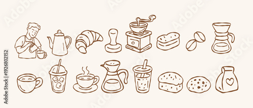 Hand drawn coffee and bakery icons set barista making latte art coffee equipment and dessert doodle collection minimalist vector illustration of cafe elements isolated brown line art