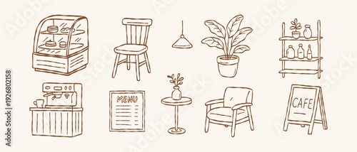 Hand drawn cafe icons set coffee shop furniture and equipment doodle collection minimalist vector illustration of bakery elements cozy interior design objects isolated brown line art