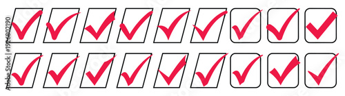 Collection of red checkmark icons in slanted square boxes tick mark symbols positive approval signs and web interface choice buttons isolated on white background transparent png vector