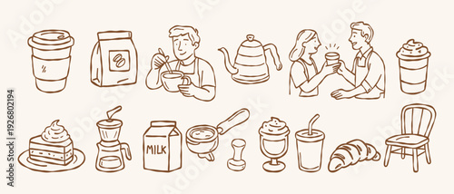 Hand drawn coffee shop icons set barista giving coffee to customer equipment and bakery doodle collection minimalist vector illustration of cafe elements isolated brown line art