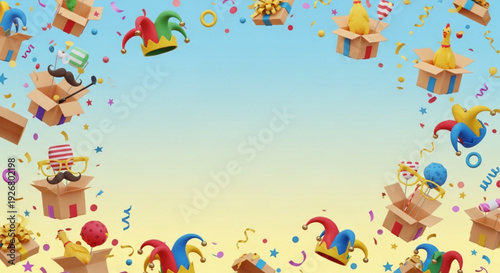 Colorful birthday celebration background with gifts jester hats and confetti floating in the air