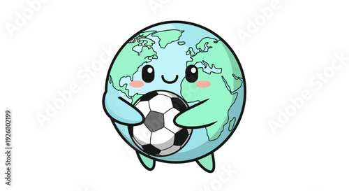Cute cartoon planet earth holding a soccer ball, representing global sports and unity