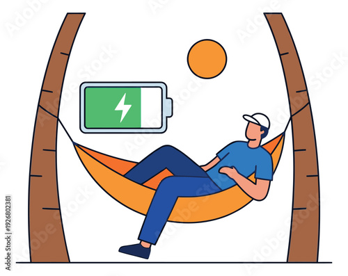 Modern line art illustration of a man in a hammock depicting relaxation and energy recharge for summer holidays and wellbeing