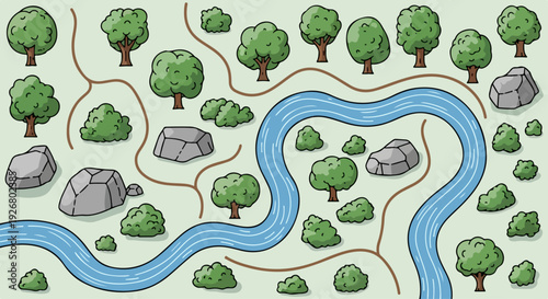 Nature landscape elements collection. Includes trees, bushes, rocks, and winding river. Created in hand-drawn cartoon style with green and blue palette.