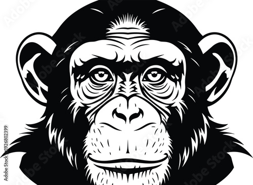 Chimpanzee head vector illustration in bold black and white style showing detailed primate face isolated on white background for logo branding design use