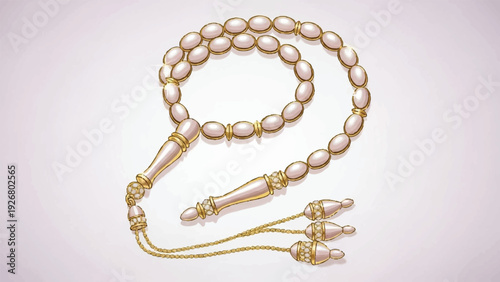 Rosary beads illustration featuring pearls, cord, tassel, and religious symbols in a VR setting