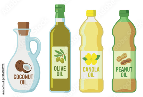 Modern graphic cooking oils set featuring coconut, olive, canola, and peanut oils for culinary use