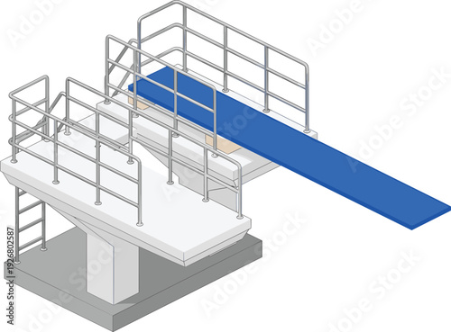 Swimming Pool Diving Platform and Springboard Vector Illustration Showing Professional Aquatic Sports Equipment with Safety Railings for Training Facilities