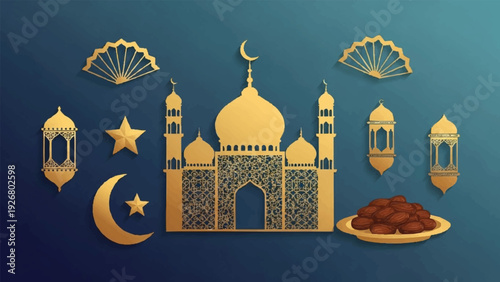 Golden illustration of mosque with dates, crescent moon, stars, and fans during Ramadan celebration