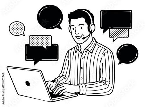 Hand drawn line art illustration of a male customer support agent depicting communicating online for virtual assistance