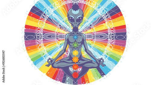 Alien meditating in lotus pose with chakras aligned and rainbow mandala background, spiritual enlightenment, cosmic consciousness, vector illustration for yoga and wellness